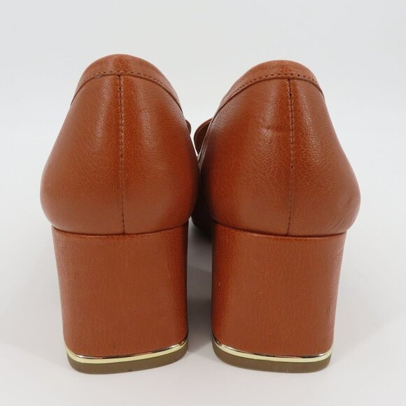 Franco Sarto Women 7.5 M ROME Cognac Brown Leather Tassel Gold Trim Loafer Heels - Picture 6 of 13
